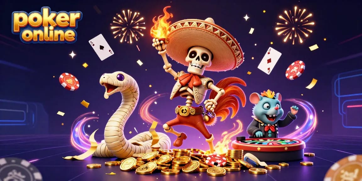 Joue au poker en ligne avec des personnages colorés entourés de jetons et d'effets festifs.