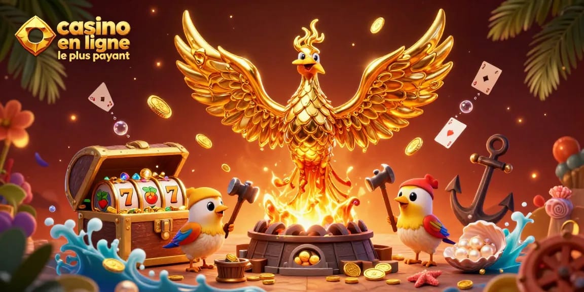 Illustration dynamique d'un phoenix doré, représentant le casino en ligne le plus payant, explosant de pièces et de trésors.