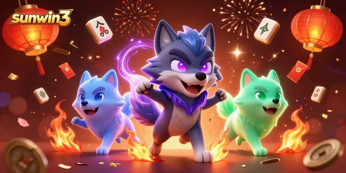 Experience thrilling gaming adventures with sunwin3, featuring dynamic wolves and festive casino elements.