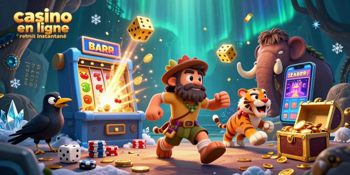 Casino en ligne retrait instantané : Détail d'une illustration 3D d'un duo de caveman et tigre de sabre à un casino préhistorique dynamique.