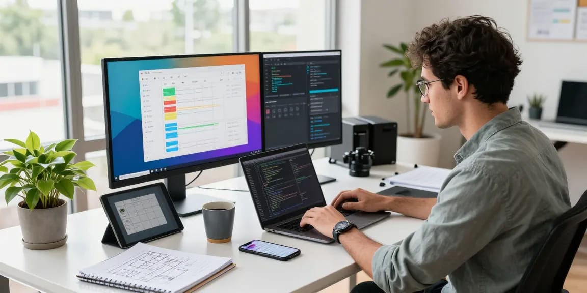 Software developer using the rti scheduler in a bright, modern workspace with tech gadgets.