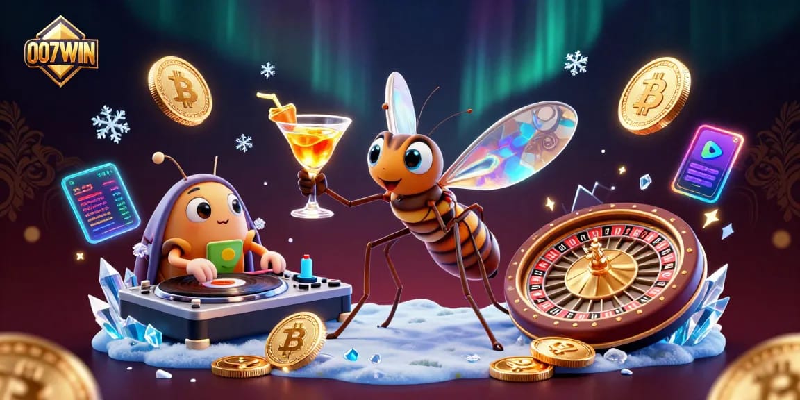 Experience winning excitement with 007WIN casino characters amidst vibrant digital gaming elements.