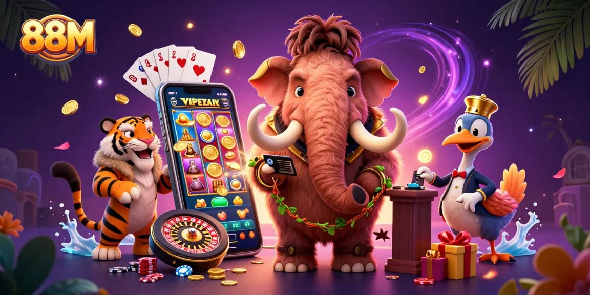 88M casino scene with a woolly mammoth bouncer, saber-tooth VIP, and vibrant gaming elements.