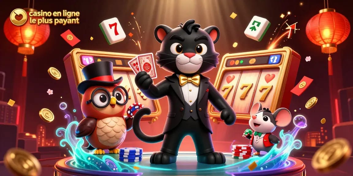 Illustration captivante de casino en ligne le plus payant, avec une panthère noire et des éléments de jeu colorés.