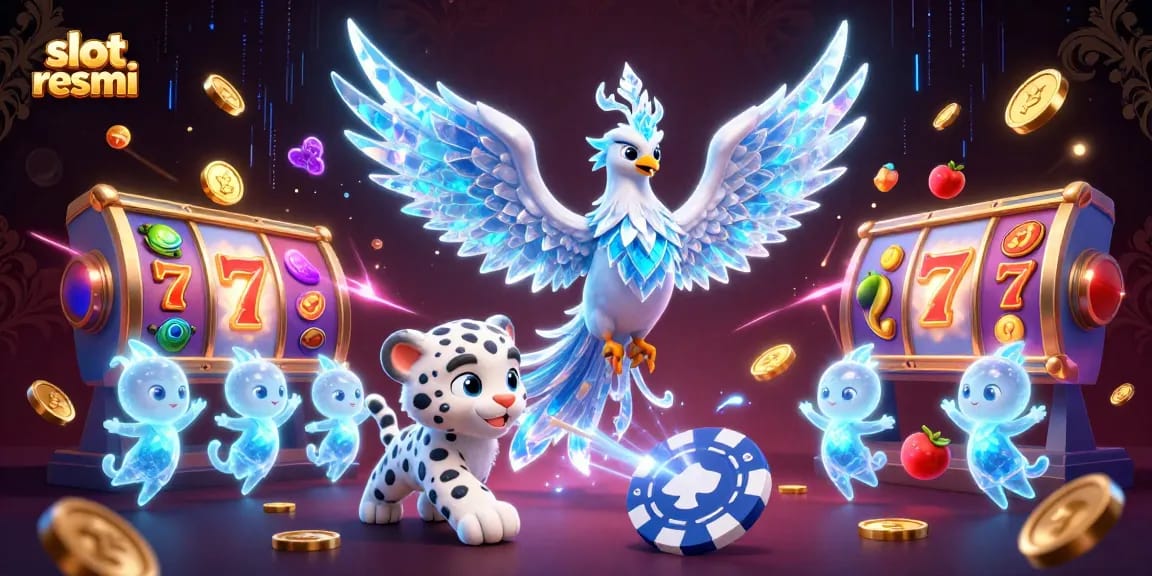 Experience thrilling slots at slot resmi with an action-packed scene of a vibrant ice phoenix among colorful slot reels.