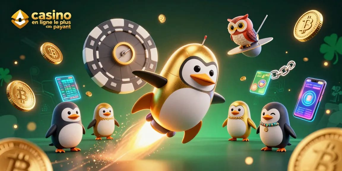 Le casino en ligne le plus payant présent dans une illustration 3D captivante avec un pingouin doré et des éléments de jeu dynamiques.