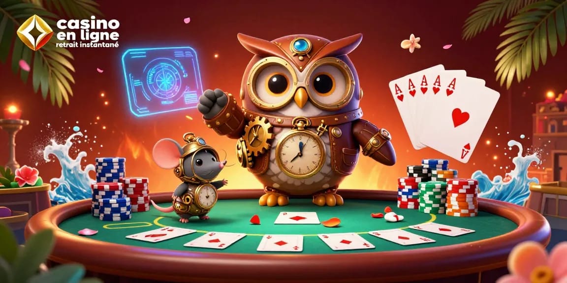 Jouez à casino en ligne retrait instantané avec une illustration dynamique d'un hibou voyageur du temps au casino.