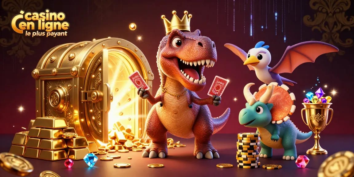 Illustration animée de casino en ligne le plus payant avec T-Rex jouant aux cartes, accompagné d'un ptérodactyle.