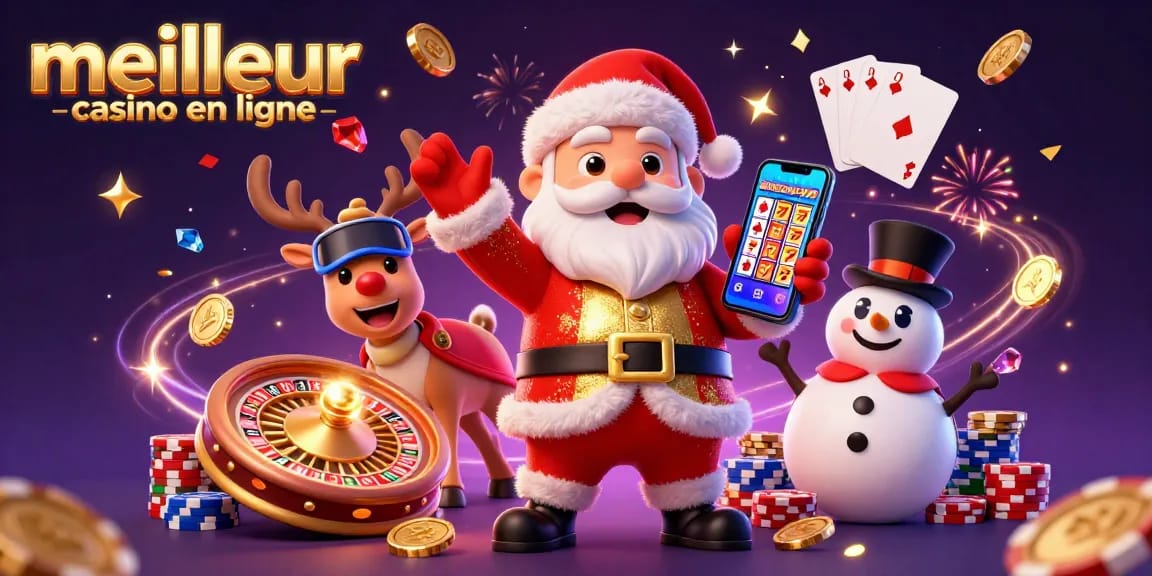 Illustration du Père Noël et ses amis dans un casino, jouant au meilleur casino en ligne avec jackpots et gains.