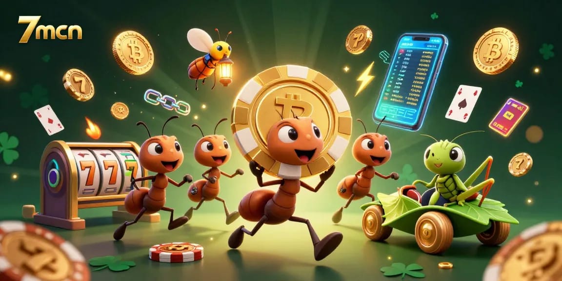 Experience thrilling action with 7mcn-themed ants heisting giant poker chips in a vibrant casino adventure.