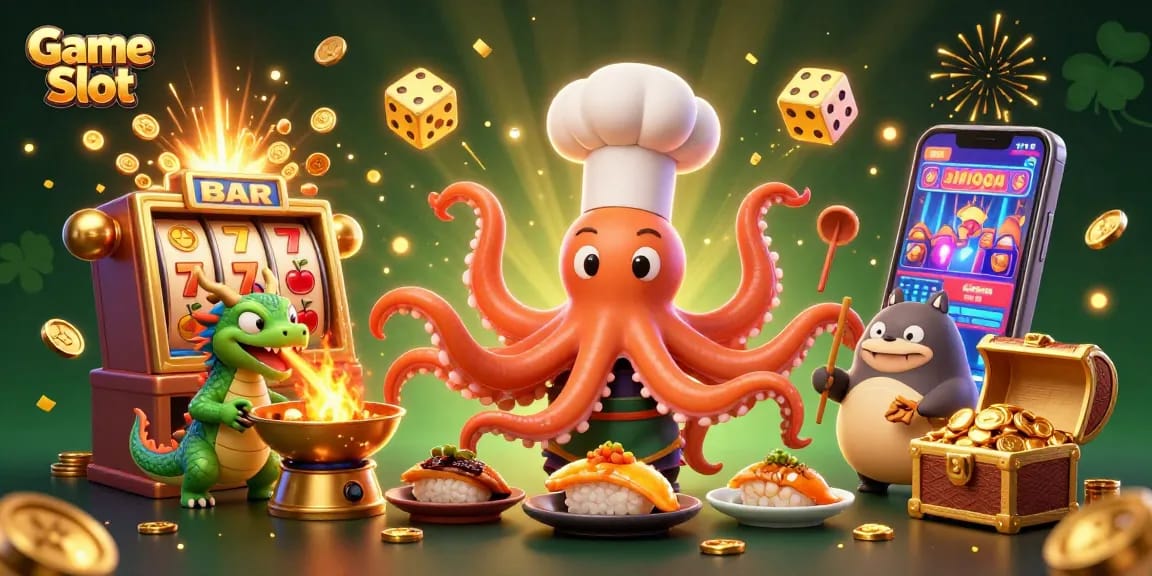 Experience thrilling Game Slot action with a colorful slot machine and whimsical characters.
