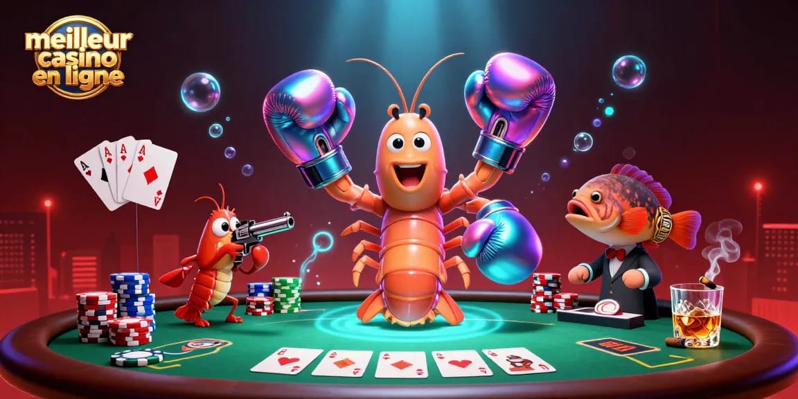 Action intense au meilleur casino en ligne avec des crevettes en duel sur une table de poker.