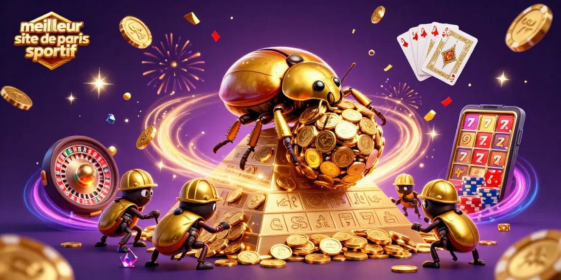 Visualisez le meilleur site de paris sportif avec des coccinelles dorées et des symboles de jeu.