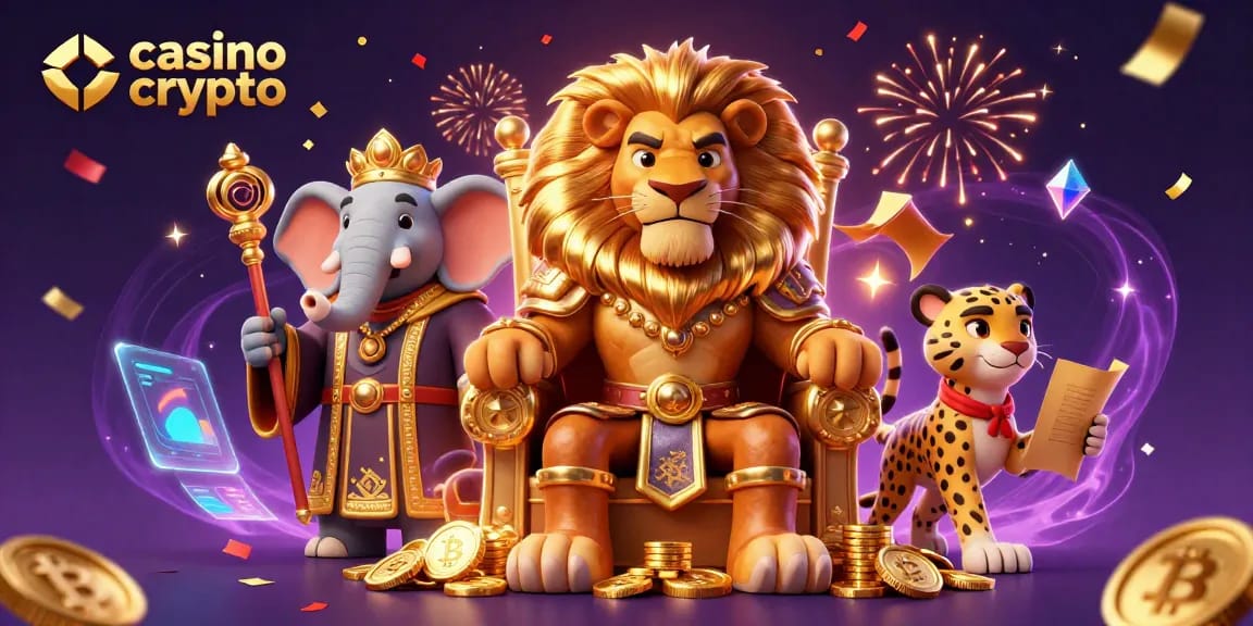 Venez découvrir le monde du casino crypto avec un roi lion majestueux et des éléments de jeu colorés.