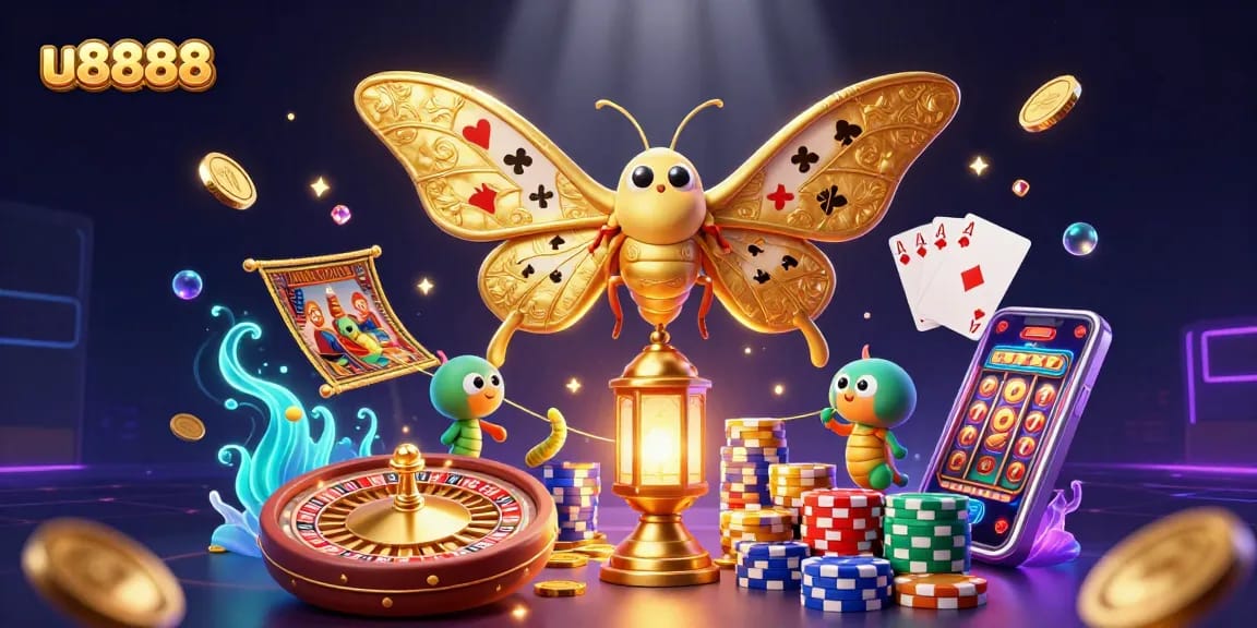 Experience thrilling gameplay with u8888's vibrant illustration showcasing 3D casino elements and rich colors.