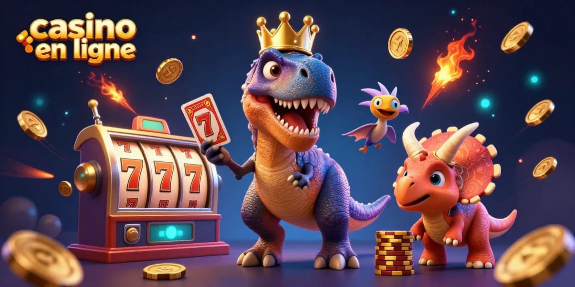 Découvrez des jeux captivants au casino en ligne avec T-Rex et amis dans une scène dynamique.