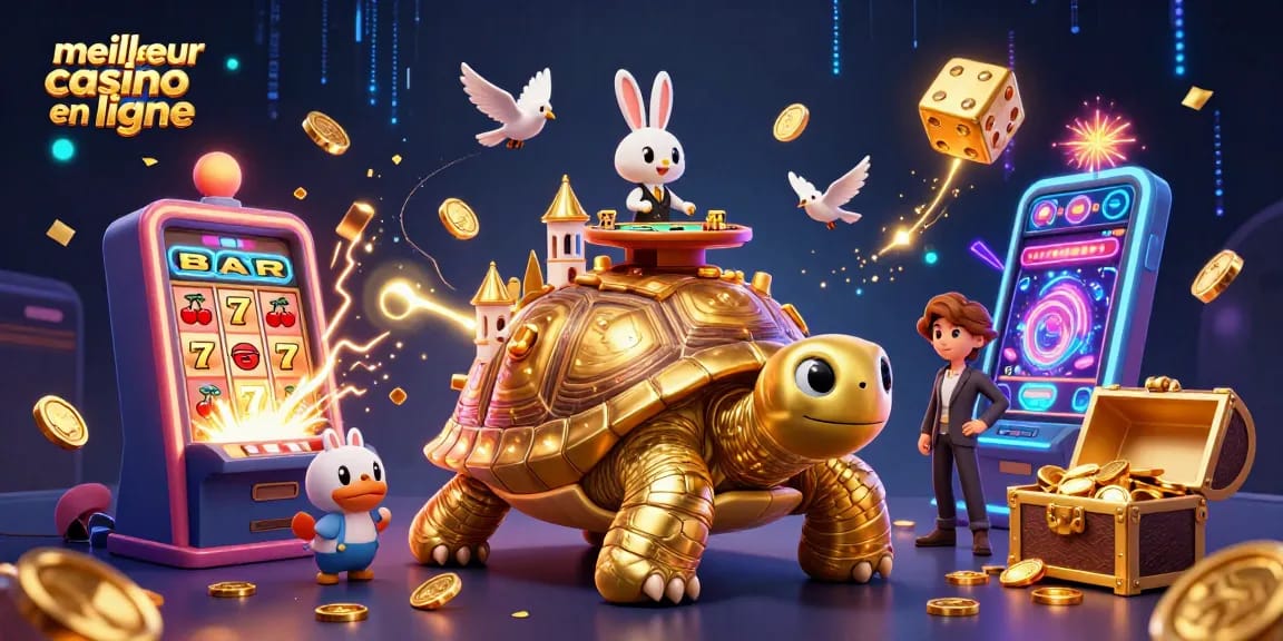 Visualiser le meilleur casino en ligne avec une tortue dorée, un croupier lapin et une machine à sous.