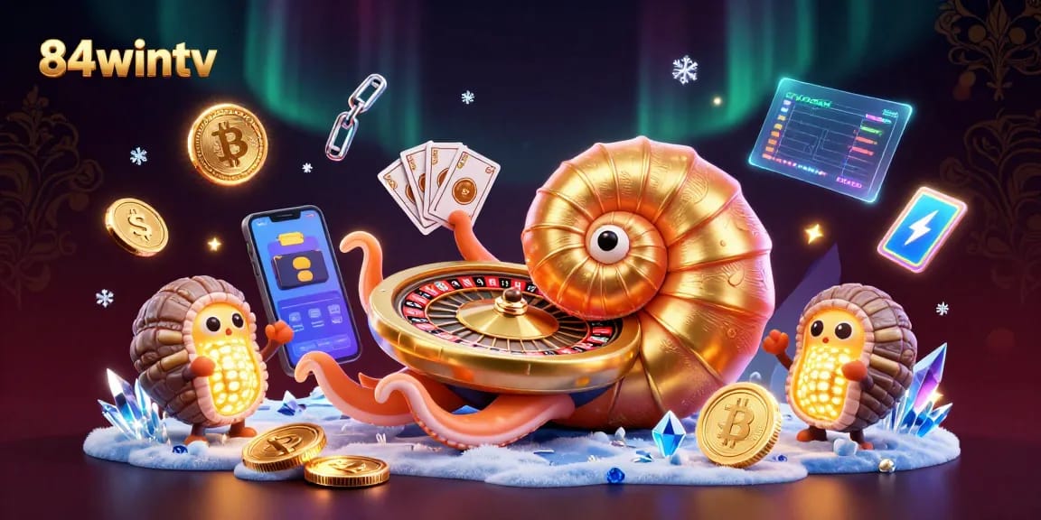 Experience the vibrant action at 84wintv with a dazzling casino scene featuring a giant nautilus roulette wheel.