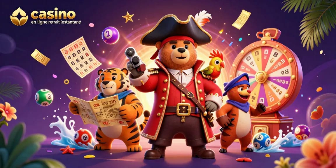 Profitez du casino en ligne avec retrait instantané avec des personnages animés et des éléments de jeu colorés.