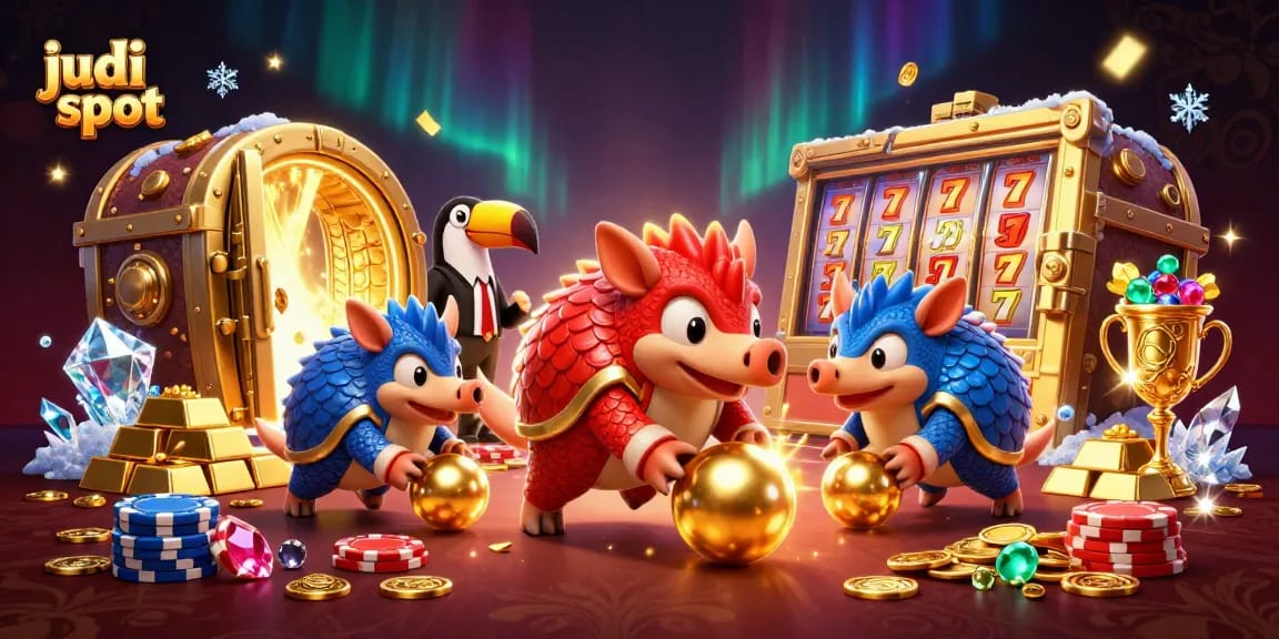 Join thrilling judi slot action with playful pangolins and dazzling treasures in this vibrant casino scene.