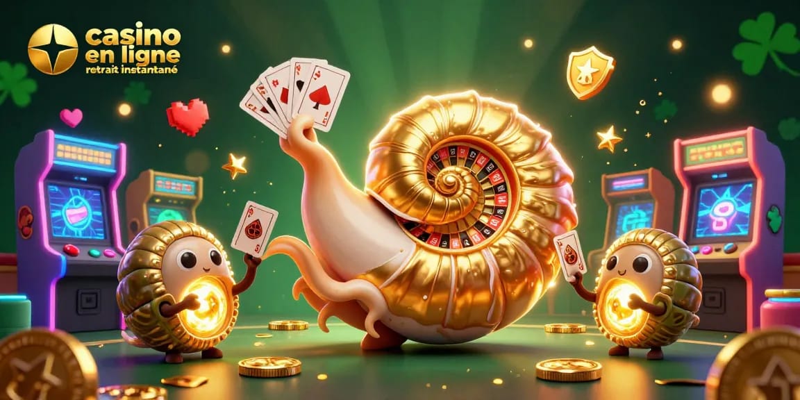 Illustration dynamique de casino en ligne retrait instantané avec un nautilus géant et des éléments de jeux colorés.
