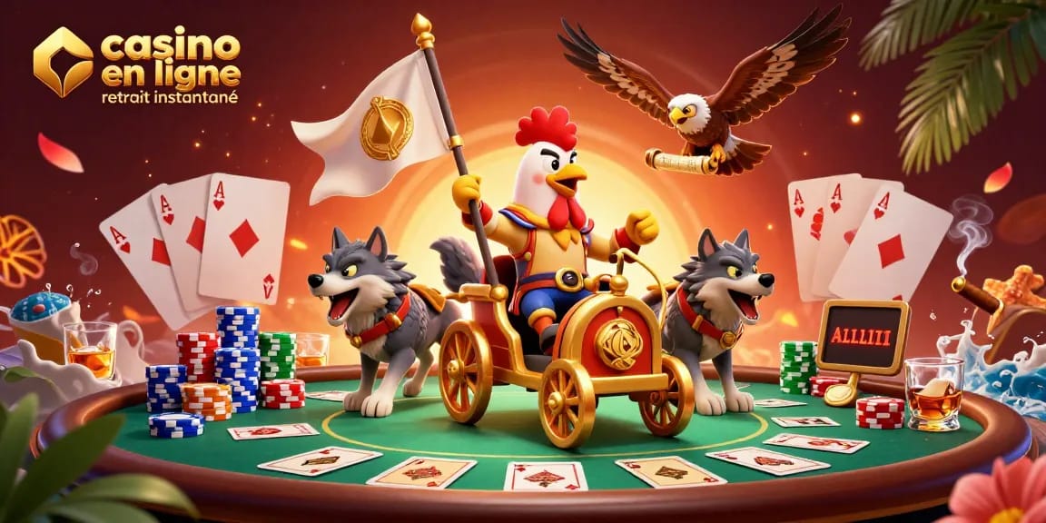 Action immersive dans un casino en ligne retrait instantané avec un roi coq guerrier et des éléments de jeu captivants.