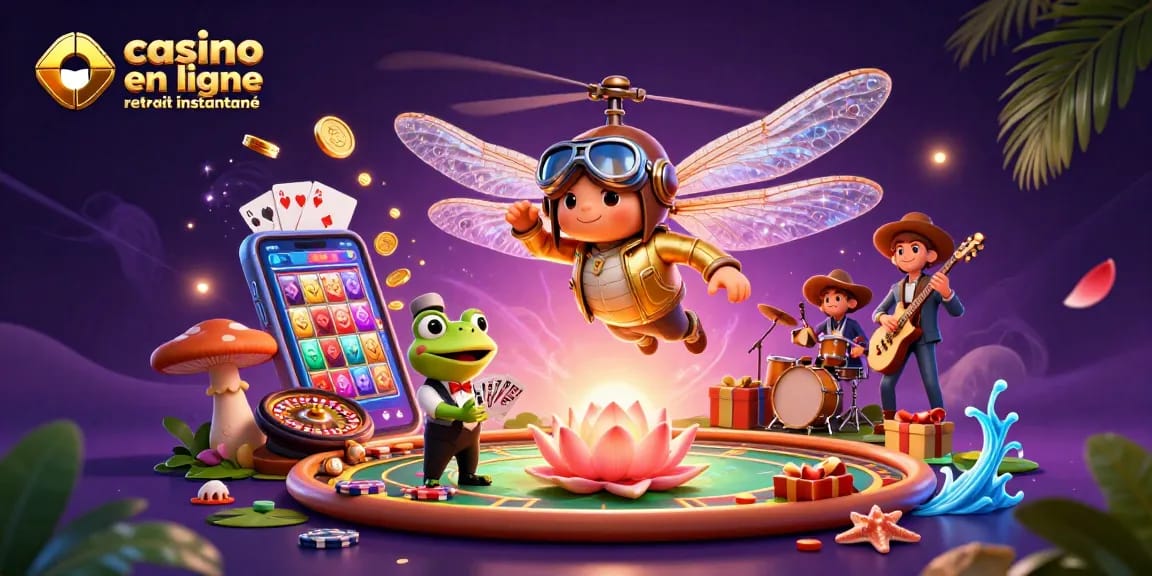 Jouez au casino en ligne retrait instantané avec un pilote de libellule et un croupier grenouille dans un cadre dynamique.