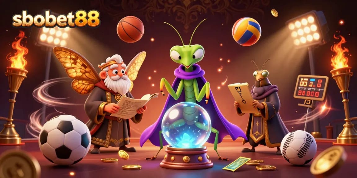 Experience thrilling sports betting action with sbobet88, featuring cartoon fortune tellers and dynamic sports elements.