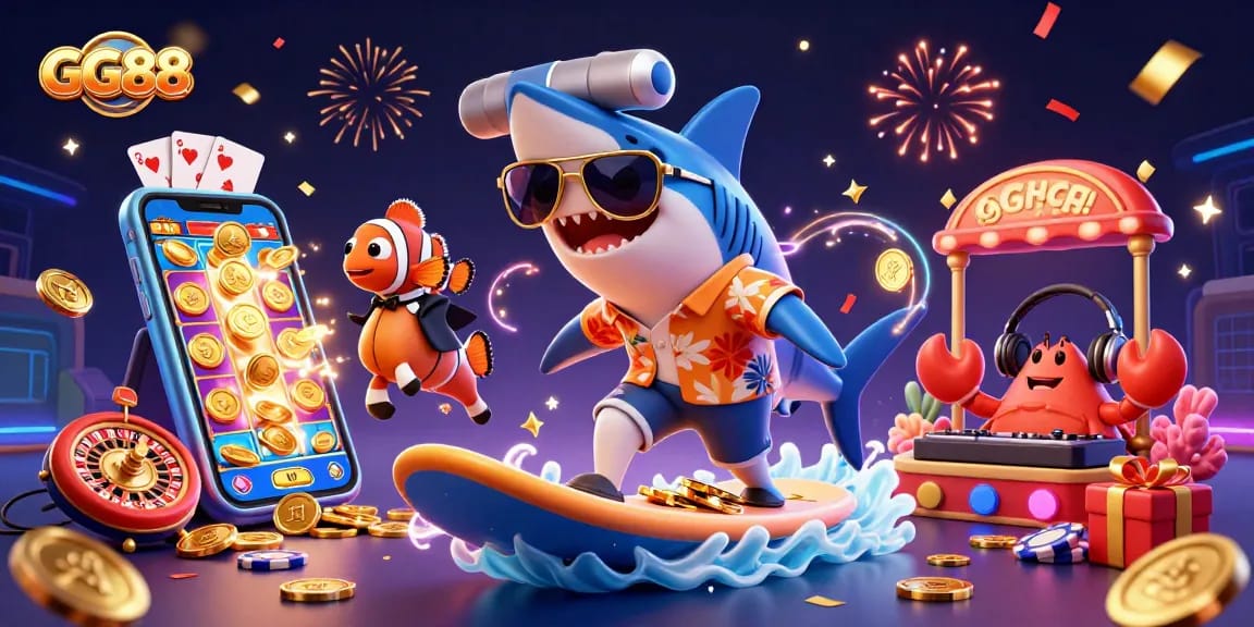 Join the excitement at GG88 with a vibrant scene of a shark surfing gold coins as slot games and cards explode!