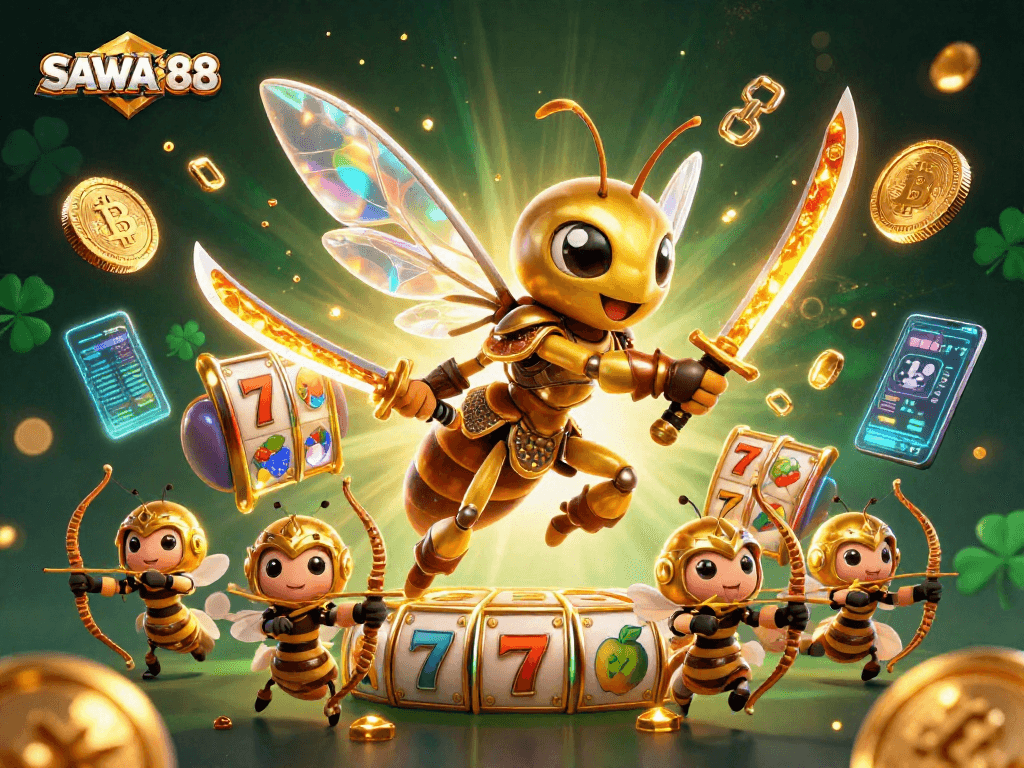 Engage with thrilling slots at SAWA888 featuring vibrant 3D characters and glowing crypto elements.
