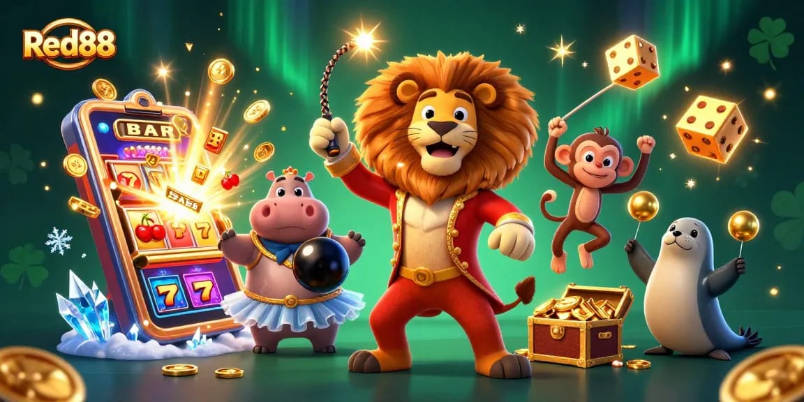 Experience thrilling wins at Red88 with a vibrant circus-themed online casino scene featuring dynamic game elements.