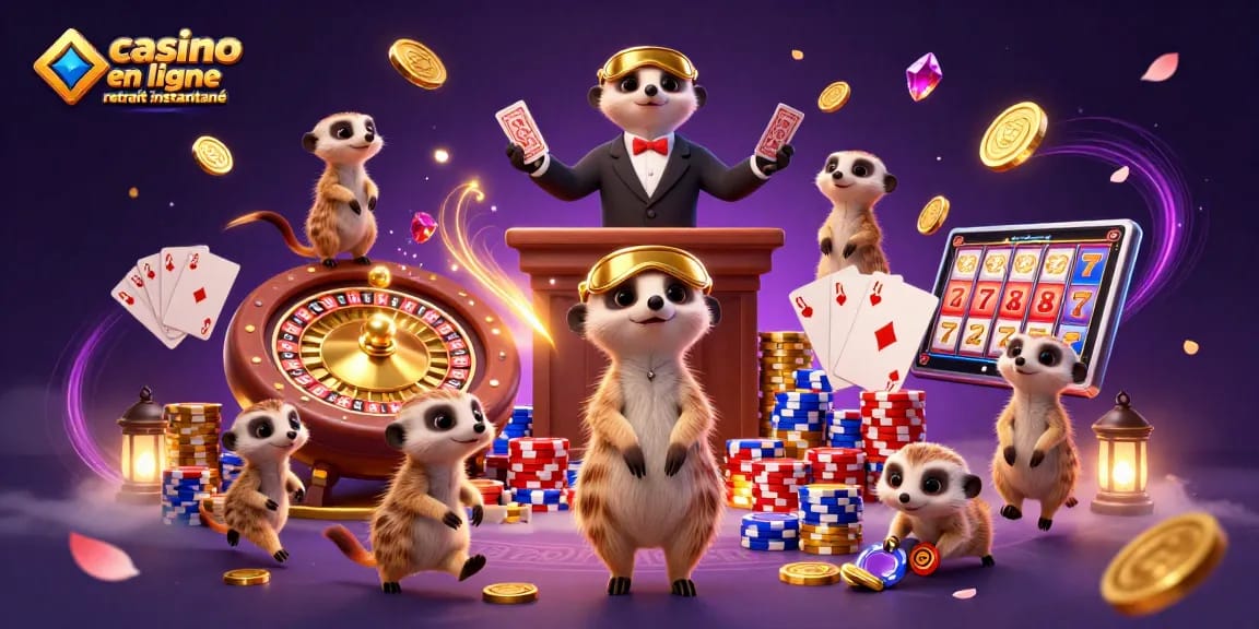 Casino en ligne retrait instantané : mangoustes animées gérant un casino avec des jetons et une roulette.