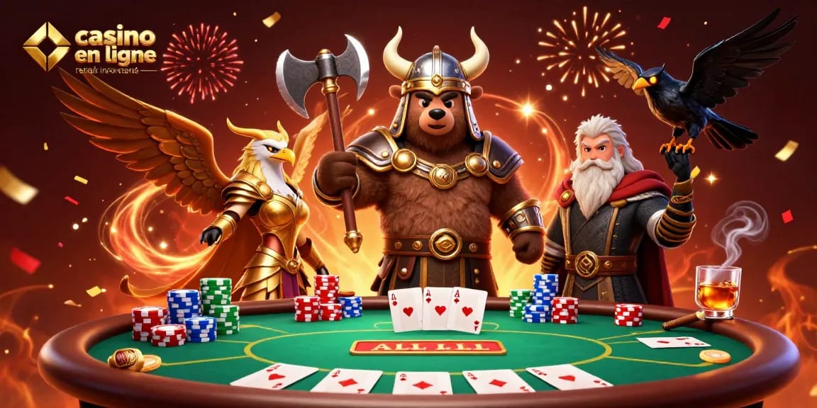 Jouez à casino en ligne retrait instantané avec des personnages épiques entourés de jetons de poker et de confettis.