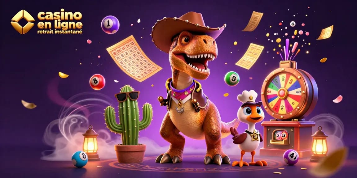 Jouez sur le casino en ligne retrait instantané avec un dinosaure T-Rex dynamique dans l'illustration 3D.