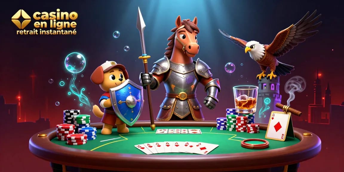Visuel dynamique de jeu mettant en avant le casino en ligne retrait instantané avec des personnages interactifs et des éléments de poker colorés.