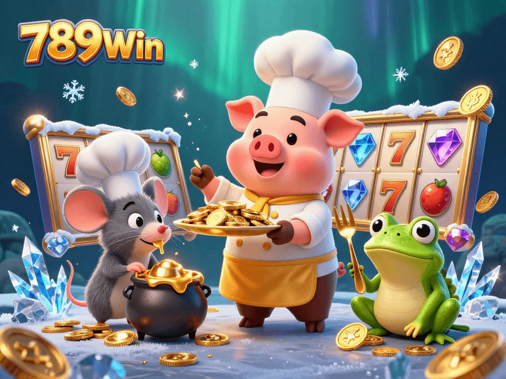 Play exciting slots with 789Win as gold coins surround a chef pig and characters enhancing the casino experience