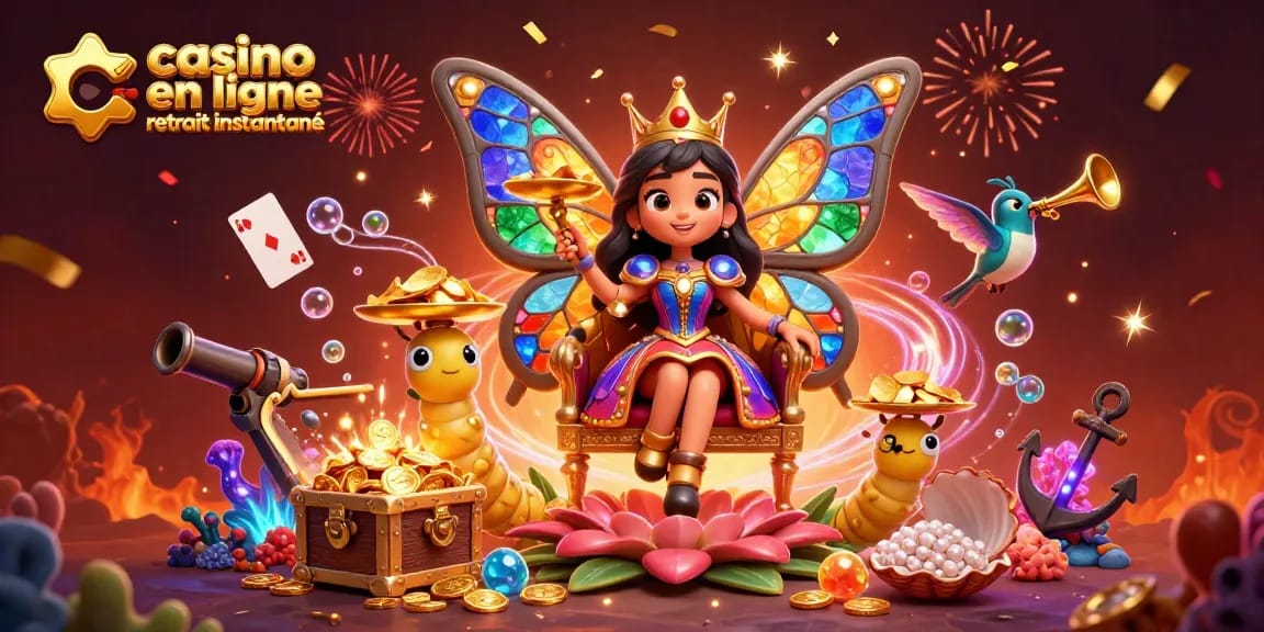 Visualisez le monde fascinant du casino en ligne retrait instantané avec une reine papillon colorée entourée de trésors.