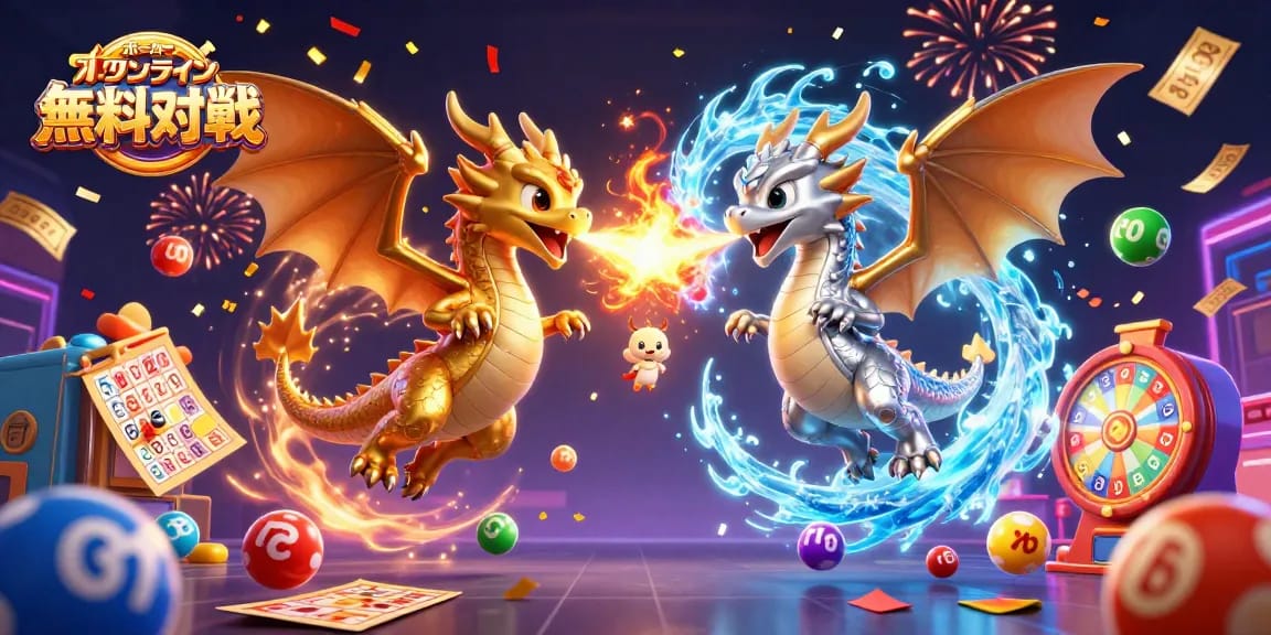 ポーカー オンライン 無料対戦の盛り上がる場面を描いた、ドラゴンや色とりどりのロトボールが飛び交うイラスト