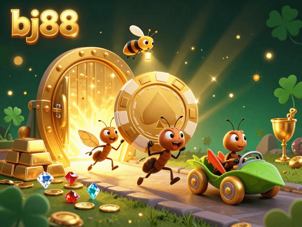 Ants carrying a giant poker chip in a vibrant casino heist scene featuring bj88 elements.