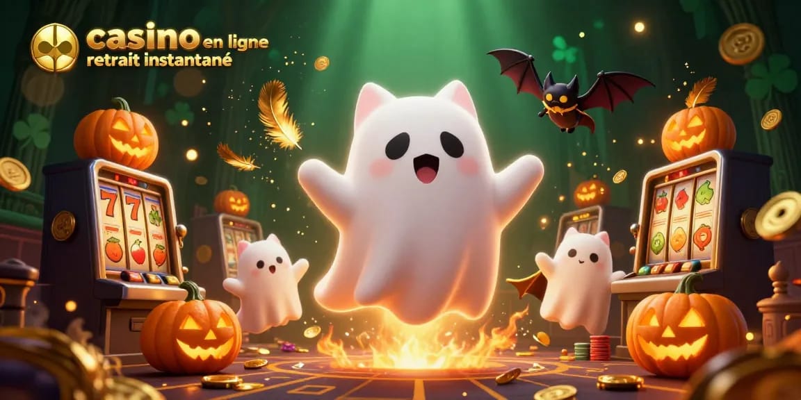 Illustration captivante de casino en ligne retrait instantané avec un chat fantôme et un vampire, entouré de jetons et de feu.