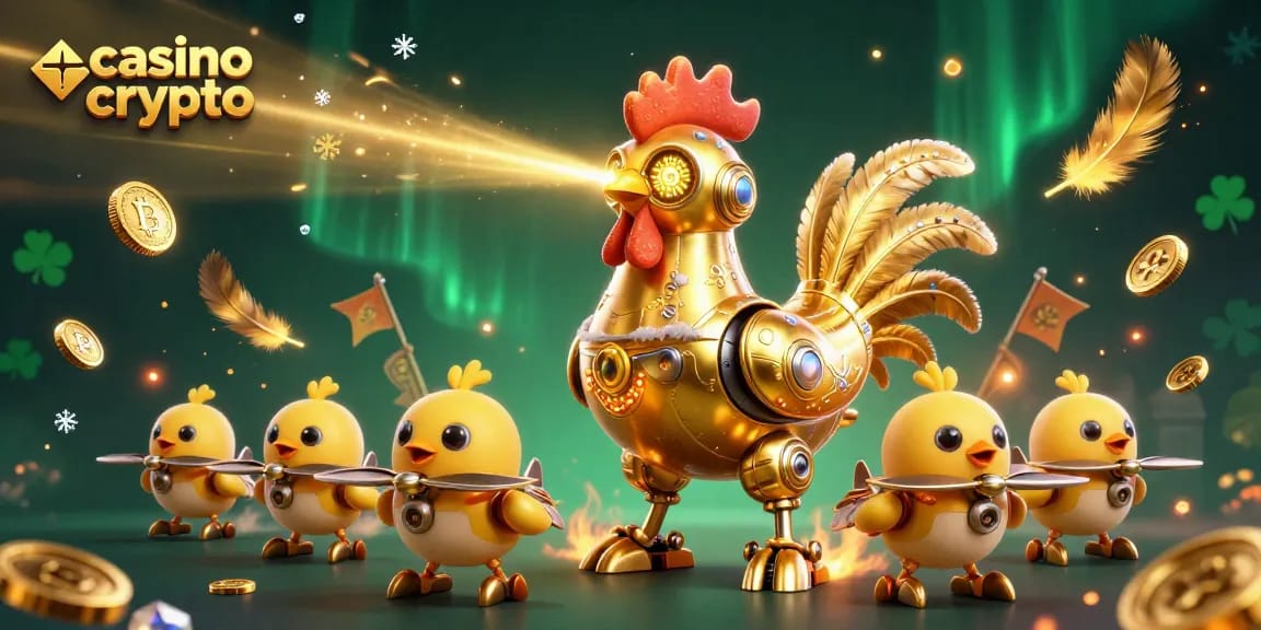 Jouer au casino crypto avec un robot en or et des drones, entouré de pièces et de jetons de jeu.