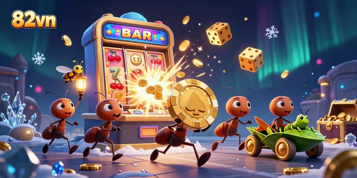 82vn team of cartoon ants carrying a giant poker chip in a vibrant casino heist scene.