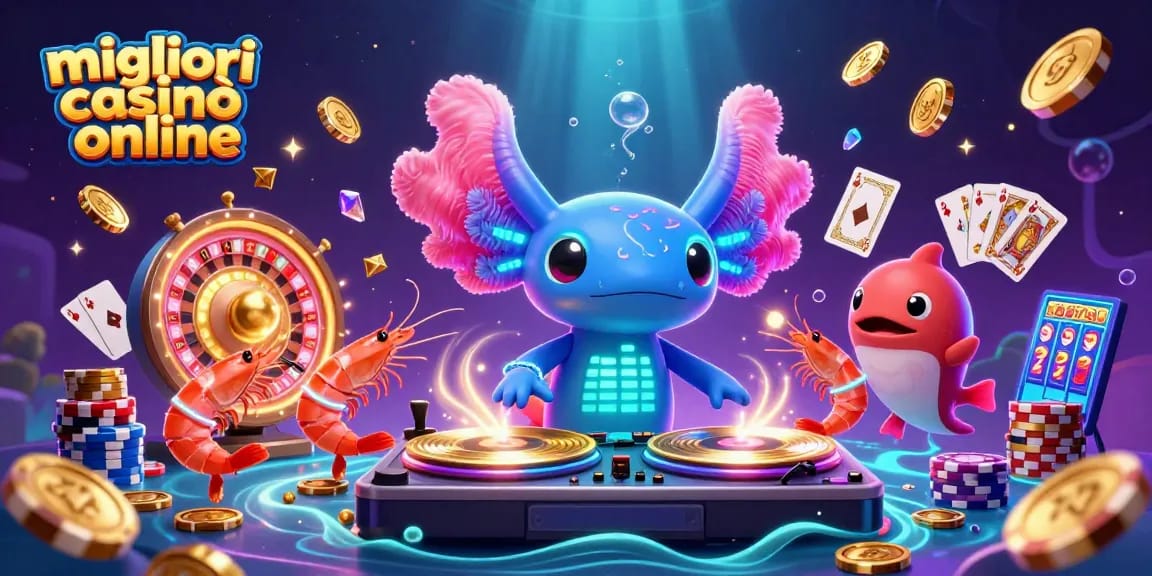 Scopri i migliori casinò online mentre il DJ axolotl suona con granchi danzanti e animazioni di gioco vibranti.