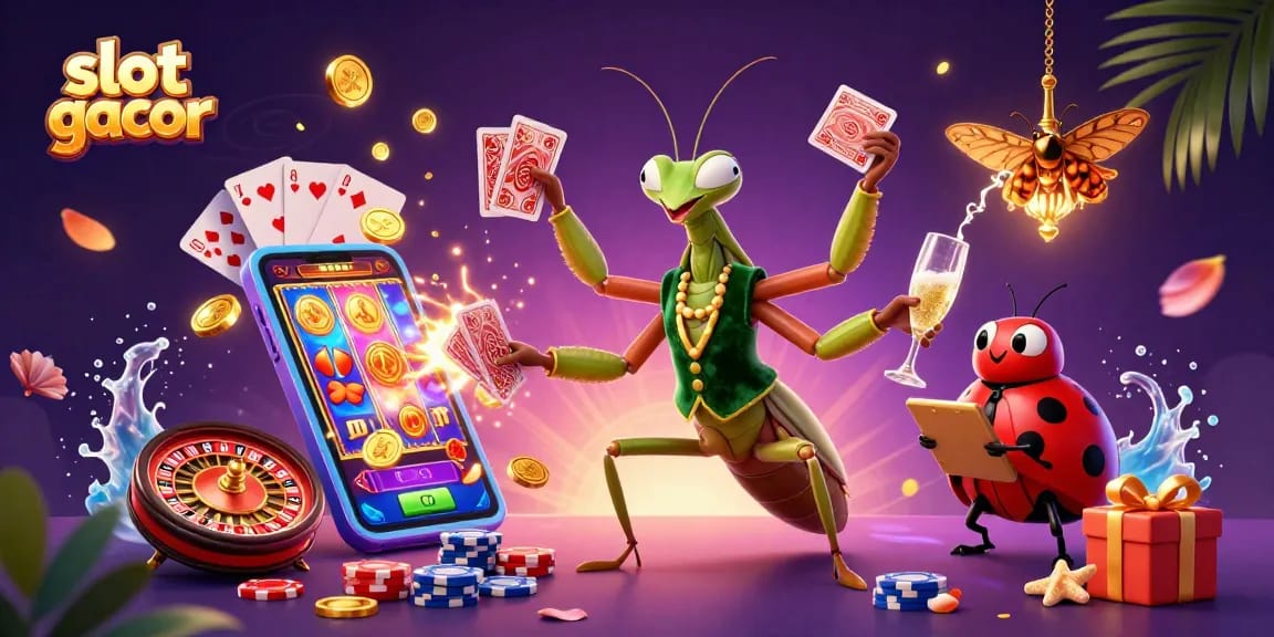 Experience thrilling gameplay with slot gacor featuring a giant praying mantis dealer and vibrant online gambling elements.