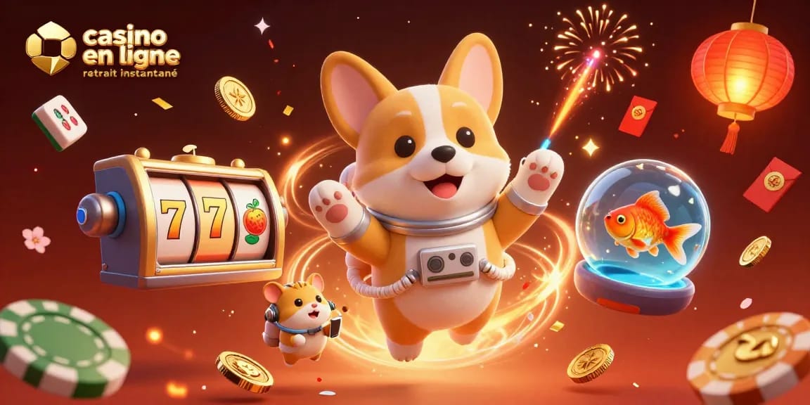 Jouer au casino en ligne retrait instantané avec un corgi astronaute et des éléments festifs flottants.