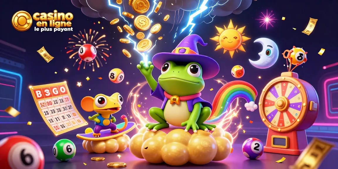 Une scène animée captivante de casino en ligne le plus payant avec des personnages colorés et des éléments de jeu dynamiques.