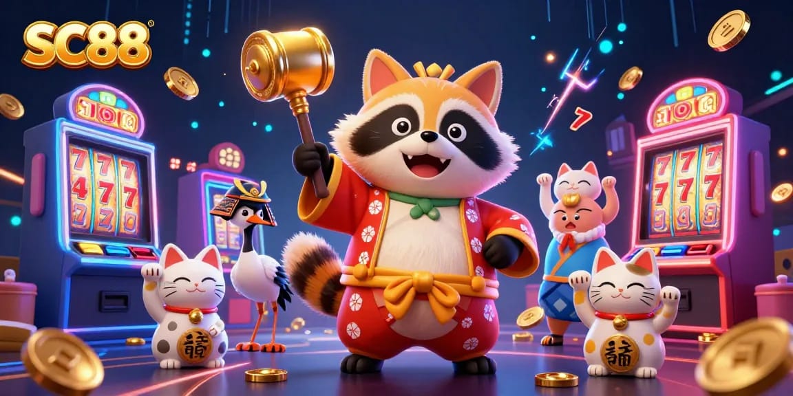 Play and win big at SC88 with vibrant gaming art featuring a cheerful tanuki and colorful slot machines