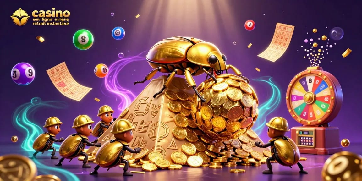 Une illustration de casino en ligne retrait instantané avec un scarabée doré et des éléments de jeu colorés dans un décor fascinant.