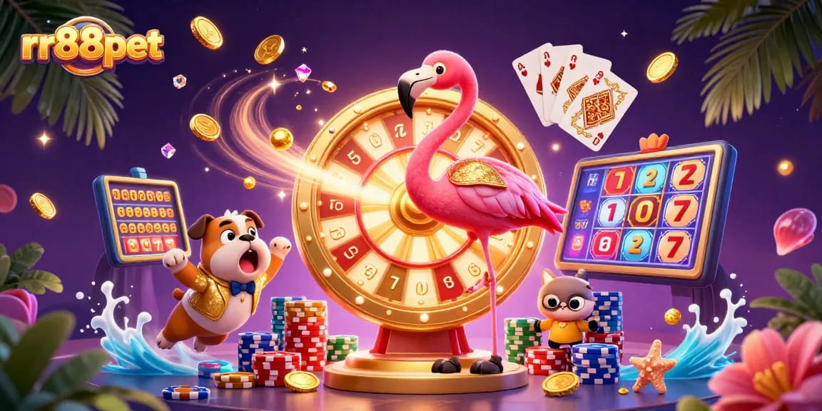 rr88pet showcases a vibrant gambling scene with a flamingo host and bulldog contestant winning prizes.