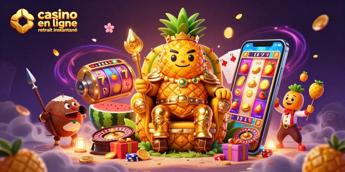 Le casino en ligne retrait instantané est présent dans une scène animée avec un roi ananas et des éléments de jeu.